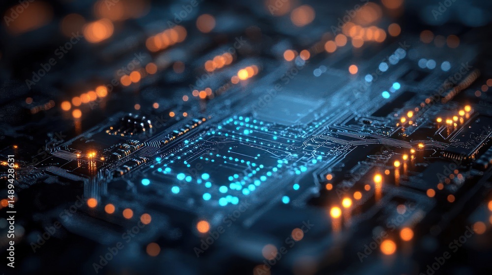 Aufkleber close-up view of an illuminated electronic circuit board with glowing blue and orange lights and blu