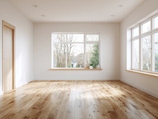 Bright interior design featuring an empty room with hardwood floor and natural light from windows