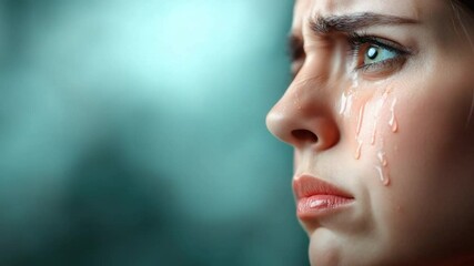 Emotional Portrait: A close-up shot reveals a woman's face, her eyes brimming with tears, capturing a moment of profound sadness and vulnerability. Tears cascade down her cheek. - Powered by Adobe