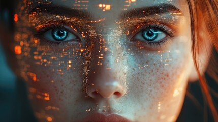 A close-up of the eyes and face of a woman looking at charts on digital screens, with visual elements like bar graphs and data points in the background.