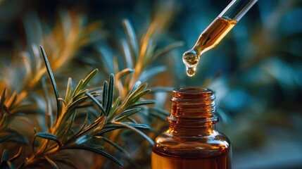 Essential oil dripping from pipette onto a bottle, surrounded by rosemary sprigs