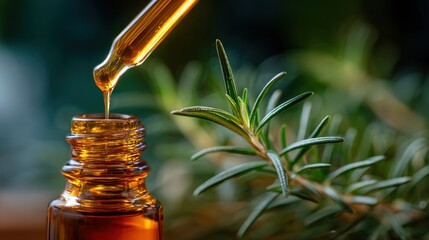 Aromatic essential oil being dispensed into a bottle, with rosemary sprigs in the background