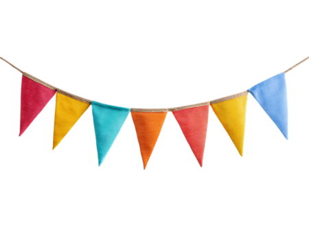 Colorful Triangular Bunting Flags on Jute Rope, PNG