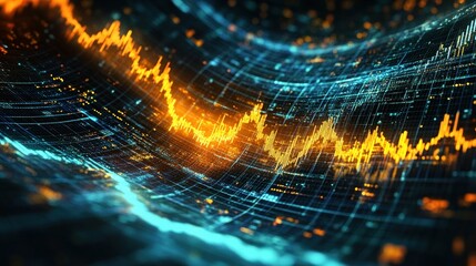Dynamic digital data visualization with vibrant orange and blue glowing graphs and grids flowing in a wave-like pattern representing financial or technological analytics