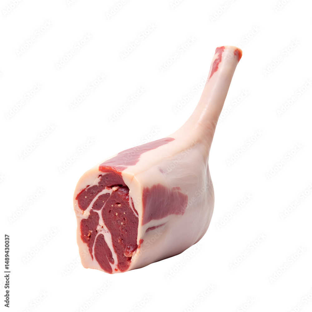 Poster isolated raw lamb shank displaying the bone and the marbled flesh ready for culinary preparation and