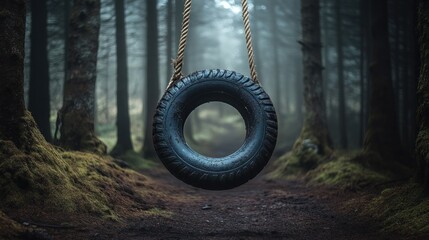 Fototapeta premium Tire swing in misty woods