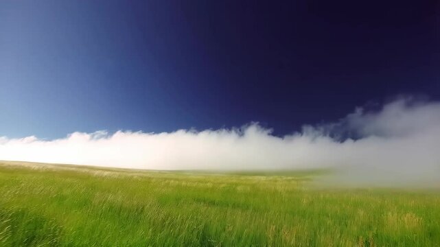 Expansive green grassland with a low-lying fog bank under a vibrant blue sky offering a serene natural setting.