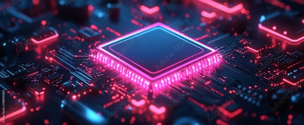 Aufkleber close-up of a glowing computer microchip on a dark circuit board with illuminated pink and blue elec