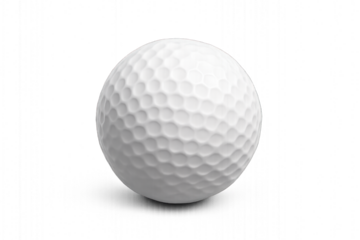 White golf ball with dimples and brand logo isolated on transparent background.
