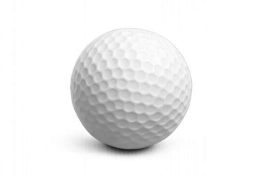 White golf ball with dimples and brand logo isolated on transparent background.