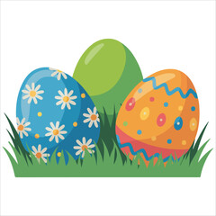 Decorated Easter eggs on spring grass field