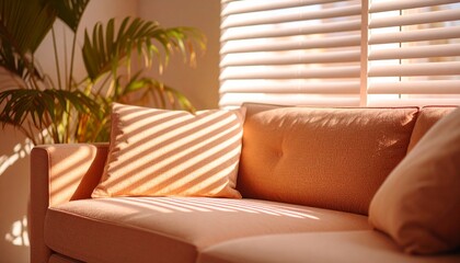 Fototapeta premium Blinds Casting Artistic Shadow Stripes on Soft Living Room Sofa