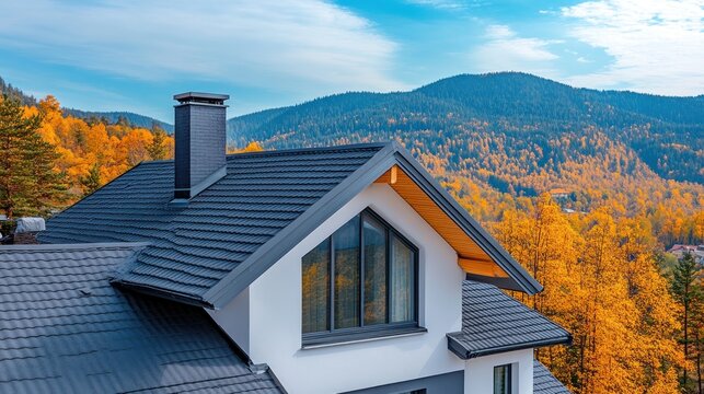 Modern house roof autumn mountain view dark gray shingles dormer window