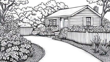 Fototapeta premium Cozy cottage garden landscaping driveway design