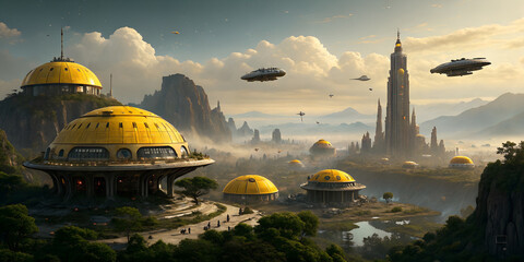 A Futuristic Metropolis with Floating Structures and Airships