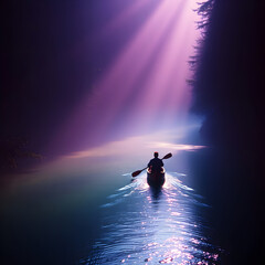A solitary figure navigates the ethereal river, bathed in the soft glow of dawn