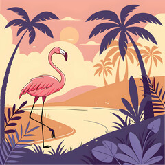 Pink flamingo standing by a tranquil lagoon at sunset, surrounded by lush tropical foliage and palm trees. A picturesque scene of serenity and natural beauty.