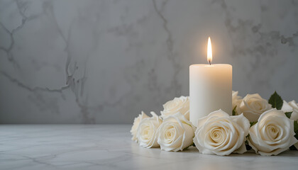 Memorial Day Candlelit Vigil with White Roses Gray Background Photo