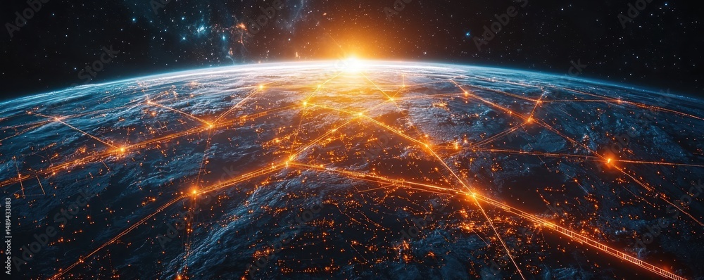 Poster global network illuminated, sunrise over earth. interconnected lines across continents, showcasing g