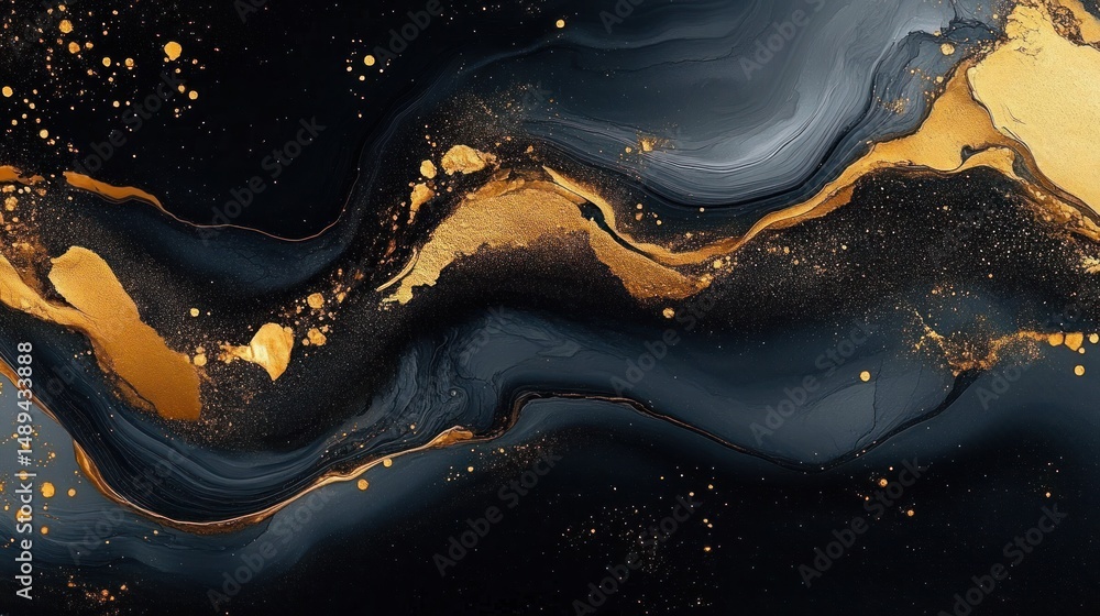 Poster abstract black and gold fluid art with flowing metallic swirls and scattered gold specks creating a 