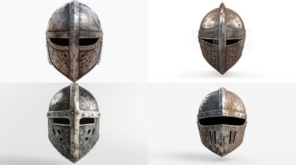 Quadruple view of a weathered, historical medieval steel helmet