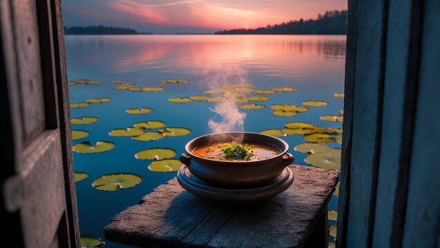 Serving hot soup by a serene lake at dusk for dinner