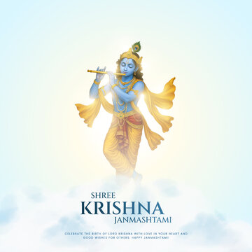 Happy Janmashtami with hindi typography With colorfull sky Background Silhouette abstract Vector Illustration design. 