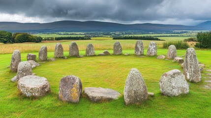 Naklejka premium Ancient Stone Circle Ireland Rural Landscape Green Field Sky Past Hill View Rocks Grass Image Stock