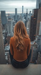 A woman contemplates a cityscape from a high vantage point.