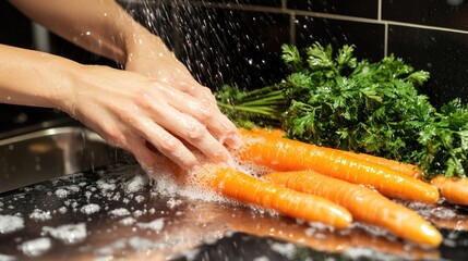 Close-up of hands rubbing carrot skin under stream of water