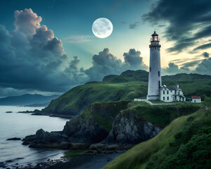 Moonlit Cliffs and Sea with a Lighthouse’s Gentle Glow
