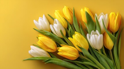 Vibrant bouquet of yellow and white tulips on a sunny backdrop