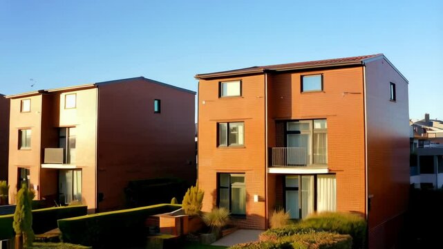 Row of modern townhouses with landscaped gardens bathed in golden sunlight, showcasing residential architecture and urban planning aesthetics