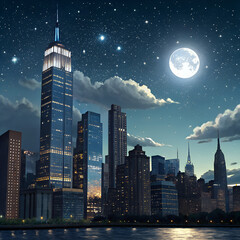 Skyscrapers glow under the moon.