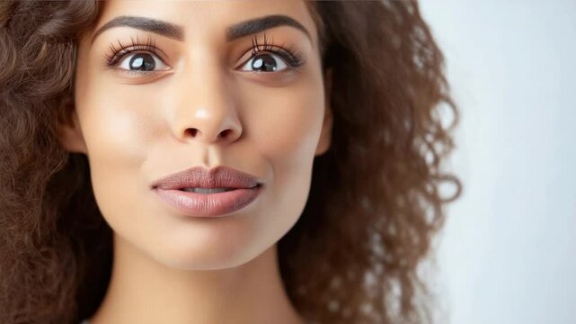 Amazement: Close-up portrait of a young woman with curly brown hair, her expression conveying surprise and wonder. Her eyes are wide, and her mouth is slightly open.