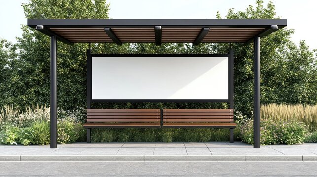 Modern bus stop with blank billboard and bench outdoor setting