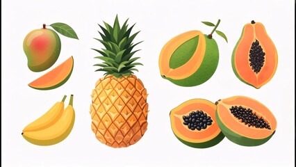 Vibrant Tropical Fruits Collection Mango, Pineapple, Papaya, Banana Illustrations