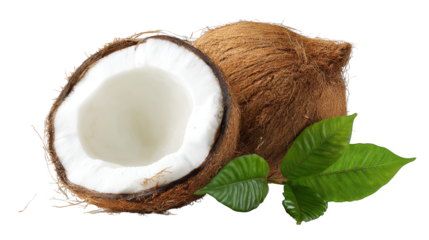 Tropical delight, closeup of a fresh coconut with vibrant green leaf on white background