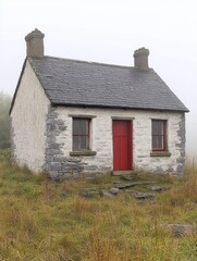 Fototapeta premium Secluded Stone Cottage Red Door Misty Landscape Ireland Rural fog old sky home grey view roof house