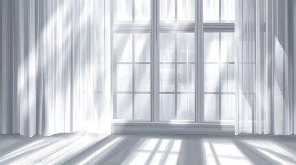 Obraz premium Interior scene with sunlight streaming through sheer curtains.
