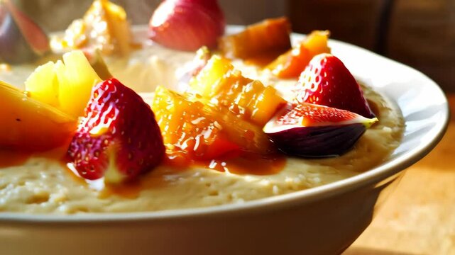 Hot breakfast porridge in a bowl, topped with slices of strawberries, figs, peaches and pineapple beside a window.