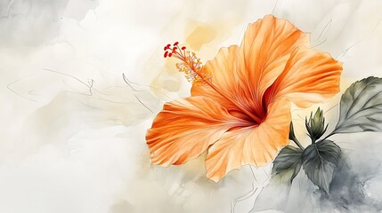 Watercolor orange hibiscus flower