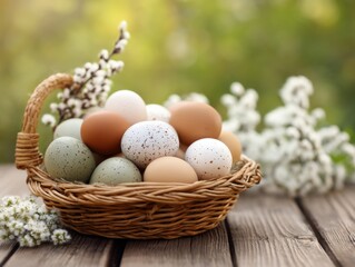 Obraz premium Easter basket holds various egg colors and flower blooms celebrating spring