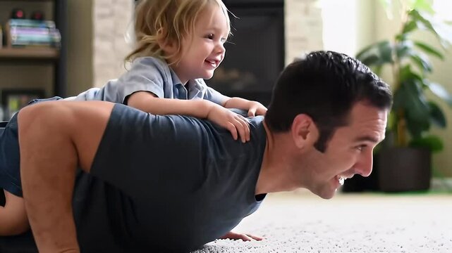 Father son workout push-ups training together at home