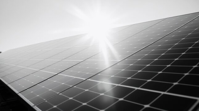 A classic black and white image depicting the conversion of sunlight into renewable energy through solar panels. Gentle, soft light, diffused shadows, subtle illumination, timeless, elegant