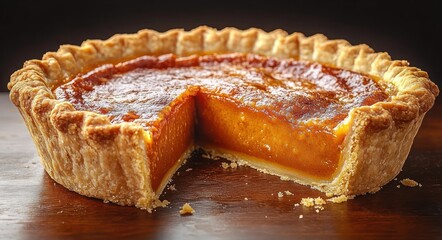 Freshly baked pie with a thick orange filling and a slice removed showing smooth texture on a wooden surface