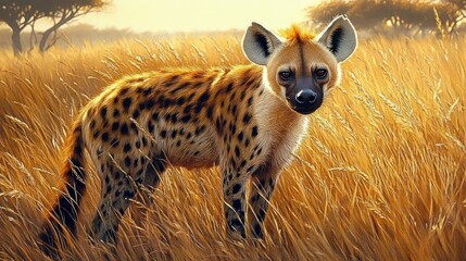 Obraz premium Spotted wild hyena standing alert in tall golden grass during warm sunlight with distant trees in the background