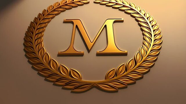 Elegant golden letter M surrounded by a laurel wreath on a neutral background, luxury design element for awards or monograms