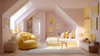Sunny, cheerful, stylish kids' bedroom with soft, pastel colors and pops of yellow