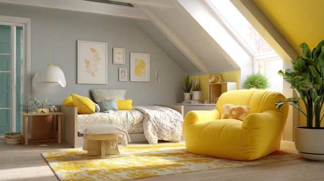 Cozy, sun-drenched attic bedroom with pops of yellow